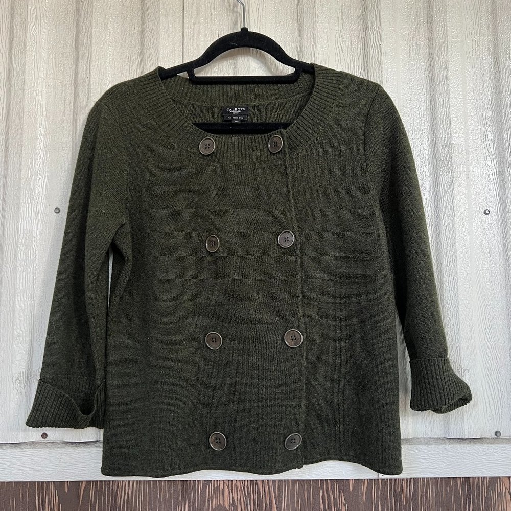 Talbots size petite medium pM sweater cardigan military green